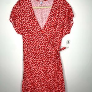 Red Floral Wrap Cotton Dress